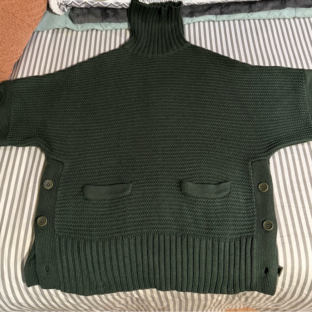 J. Crew Dark Green Turtleneck Sweater with buttons on both sides.